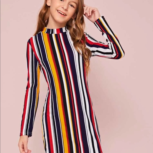 Girls Mock Neck Colorful Striped Dress - Picture 4 of 7